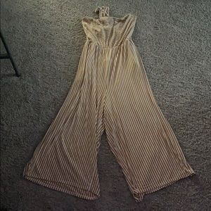 Mustard + cream striped open-back romper